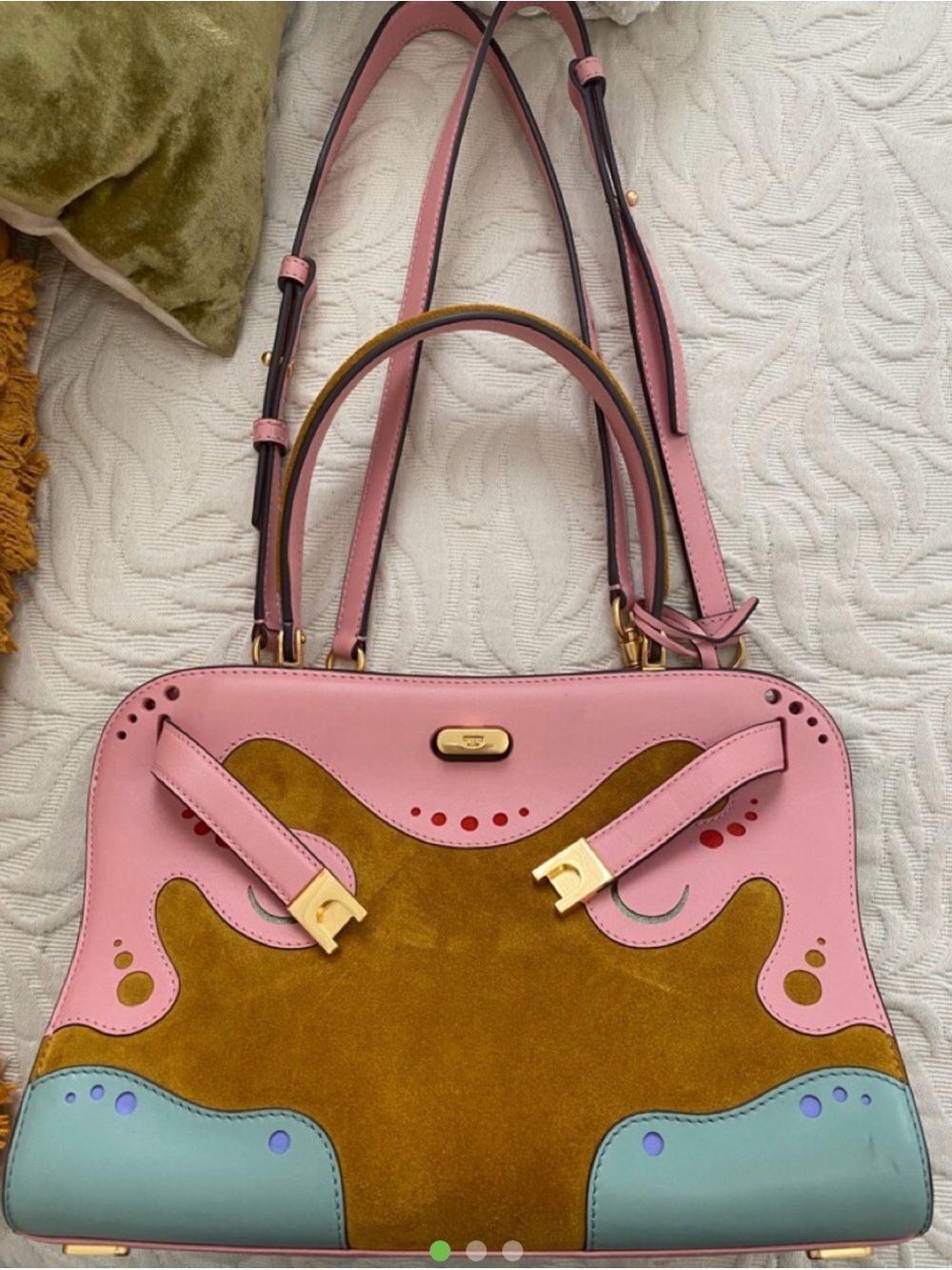 ISO: Tory Burch Pink, Brown & Mint Suede Leather Satchel